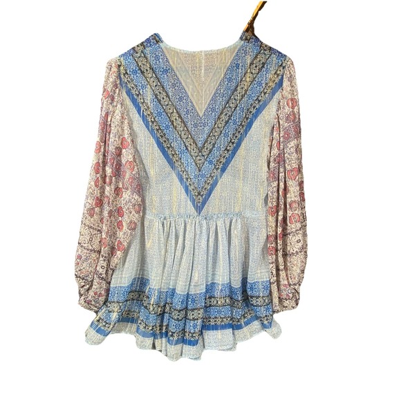 Free People Medium Top Flowy Aliya Long Slv Print Blue Metallic Gold Boho Hippie - Picture 9 of 16